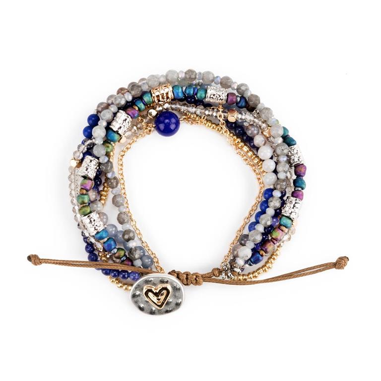 Multistrand beaded bracelet with heart charm on a white background.  Available at Be Charmed