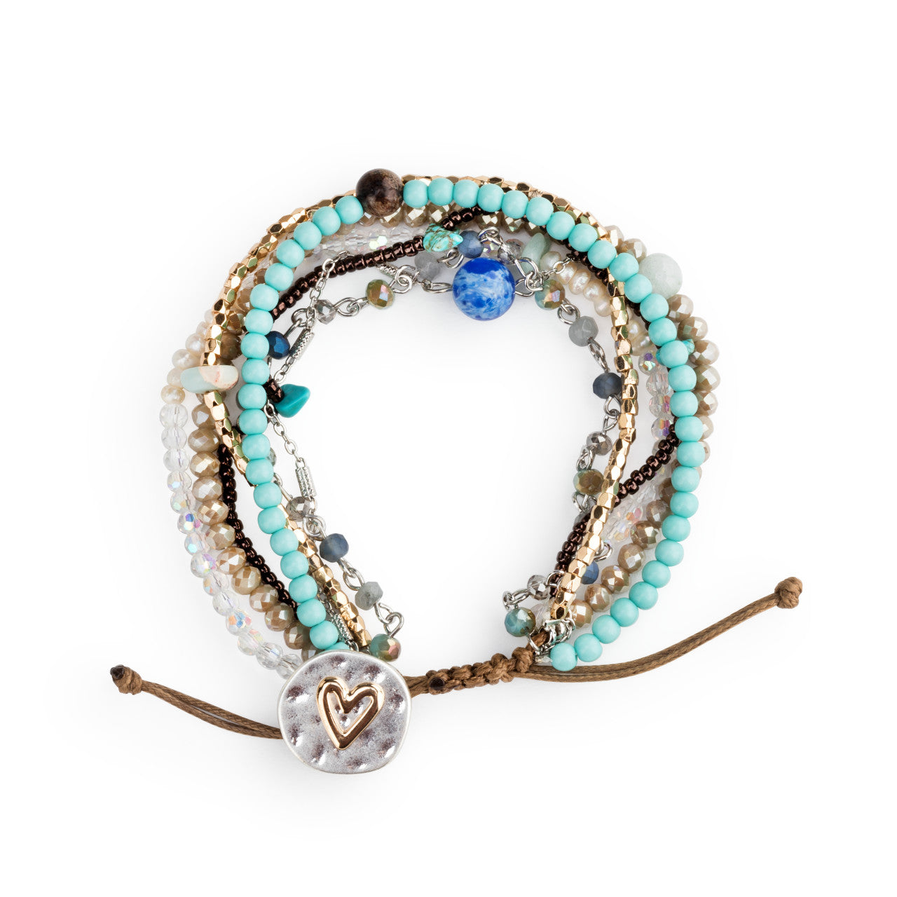 Multistrand turquoise beaded bracelet with heart charm on a white background. Available at Be Charmed