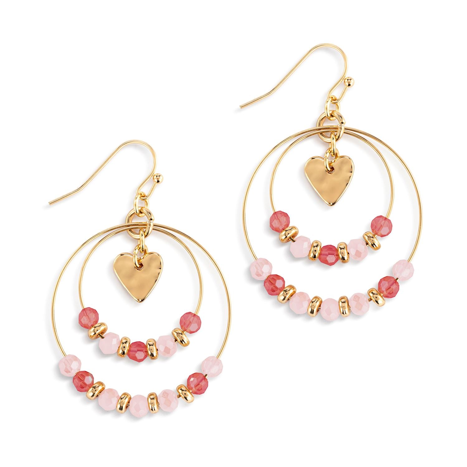 Gold hoop earrings with pink beads and heart charms on a white background. Available at Be Charmed