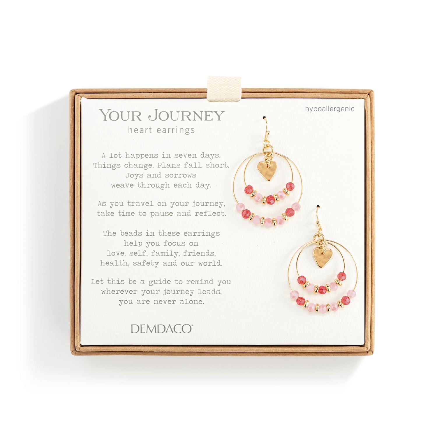 Heart-shaped earrings in a Demdaco jewelry box with a message card. Available at Be Charmed