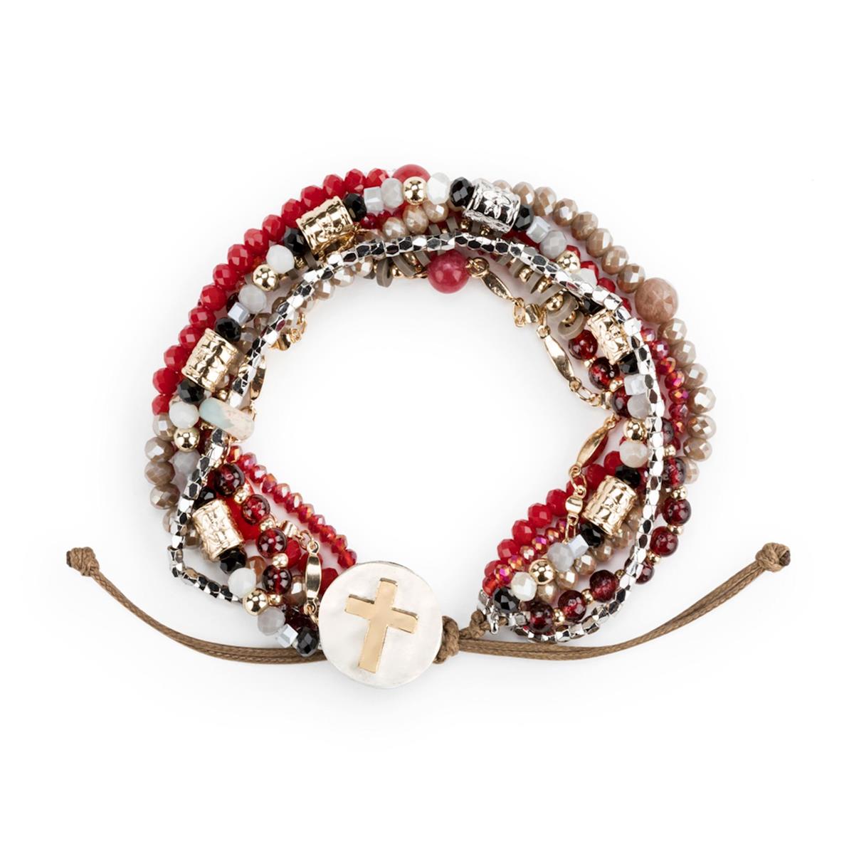 Multistrand beaded bracelet with red, gold, and white beads on a white background. Available at Be Charmed