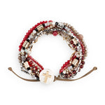 Multistrand beaded bracelet with red, gold, and white beads on a white background. Available at Be Charmed