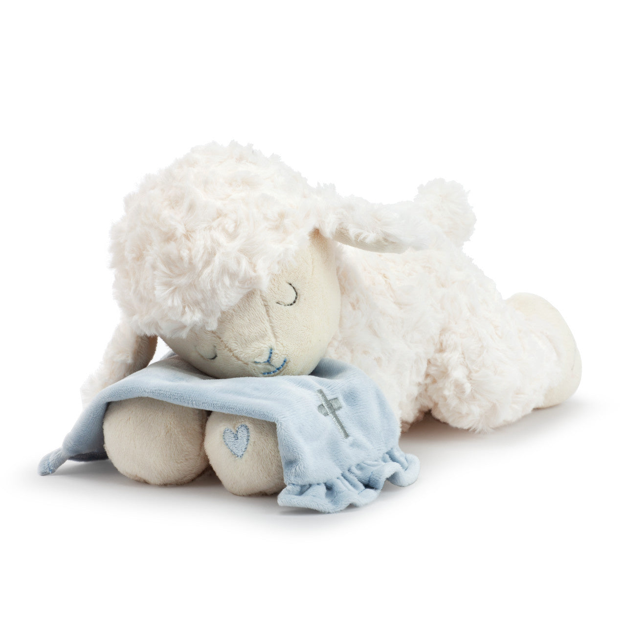  Demdaco Goodnight Prayer Mechanical Lamb in blue, 10″ plush lamb that plays “Goodnight Prayer” with foot press, built-in batteries and mechanical music box—available at Be Charmed.