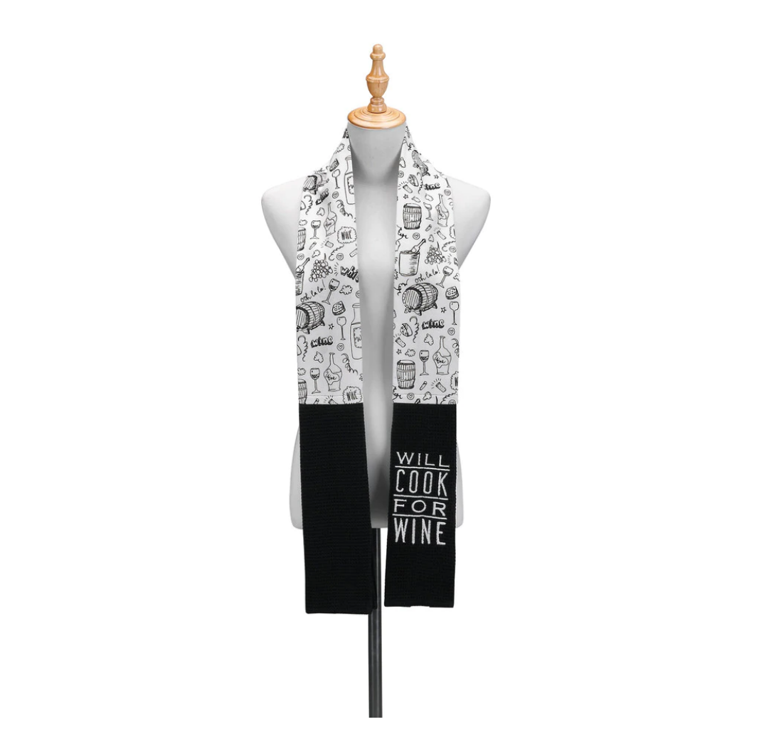 Demdaco Boa dish towel with “Will Cook for Wine” text and wine glass illustration, durable cotton kitchen towel—Available at Be Charmed.