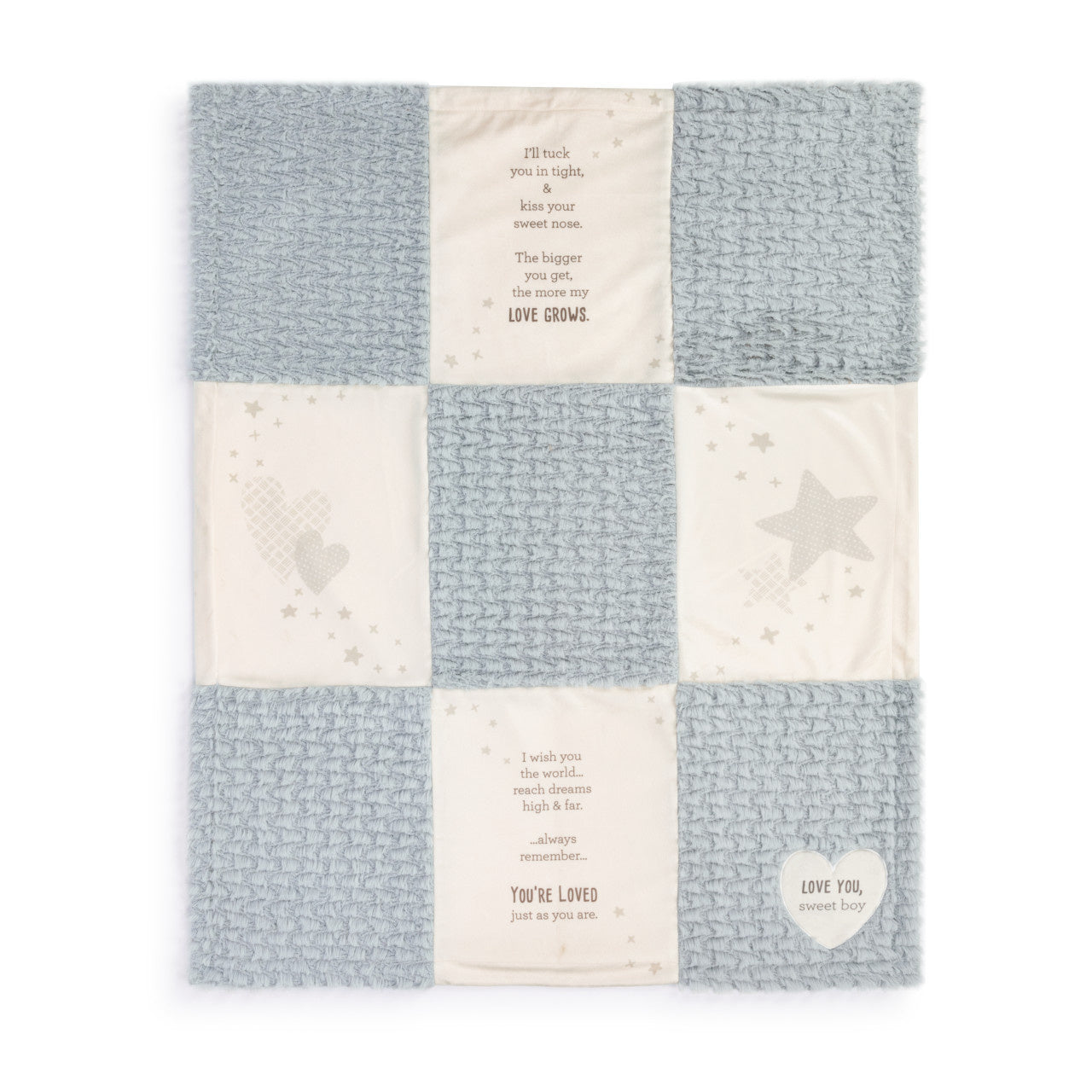 Demdaco Tuck You In Wishes plush blanket in blue, 30 × 40 in, with embroidered poem “I’ll tuck you in tight…”—Available at Be Charmed.