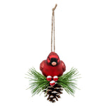 Handcrafted Demdaco Cardinal on Pinecone glass ornament (3.5″×4″) with faux evergreen and berries trim—Available at Be Charmed.