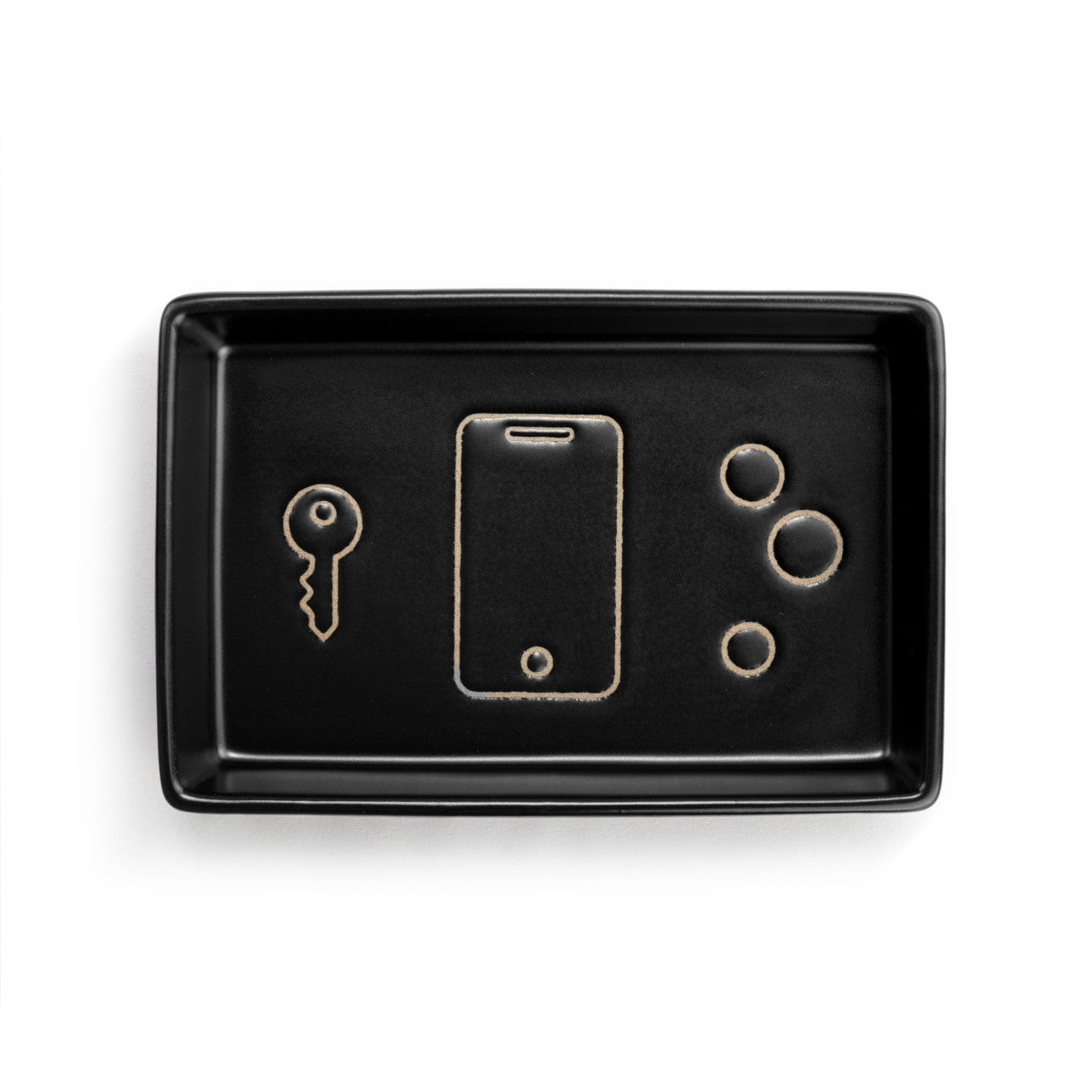 Black tray with key, phone, and circular designs on a white background. Available at Be Charmed