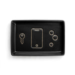 Black tray with key, phone, and circular designs on a white background. Available at Be Charmed