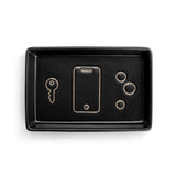 Black tray with key, phone, and circular designs on a white background. Available at Be Charmed