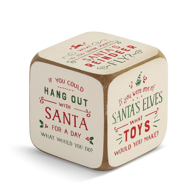 Demdaco Christmas Conversation Block, 3″ wooden cube with holiday-themed prompts for family discussions—Available at Be Charmed.