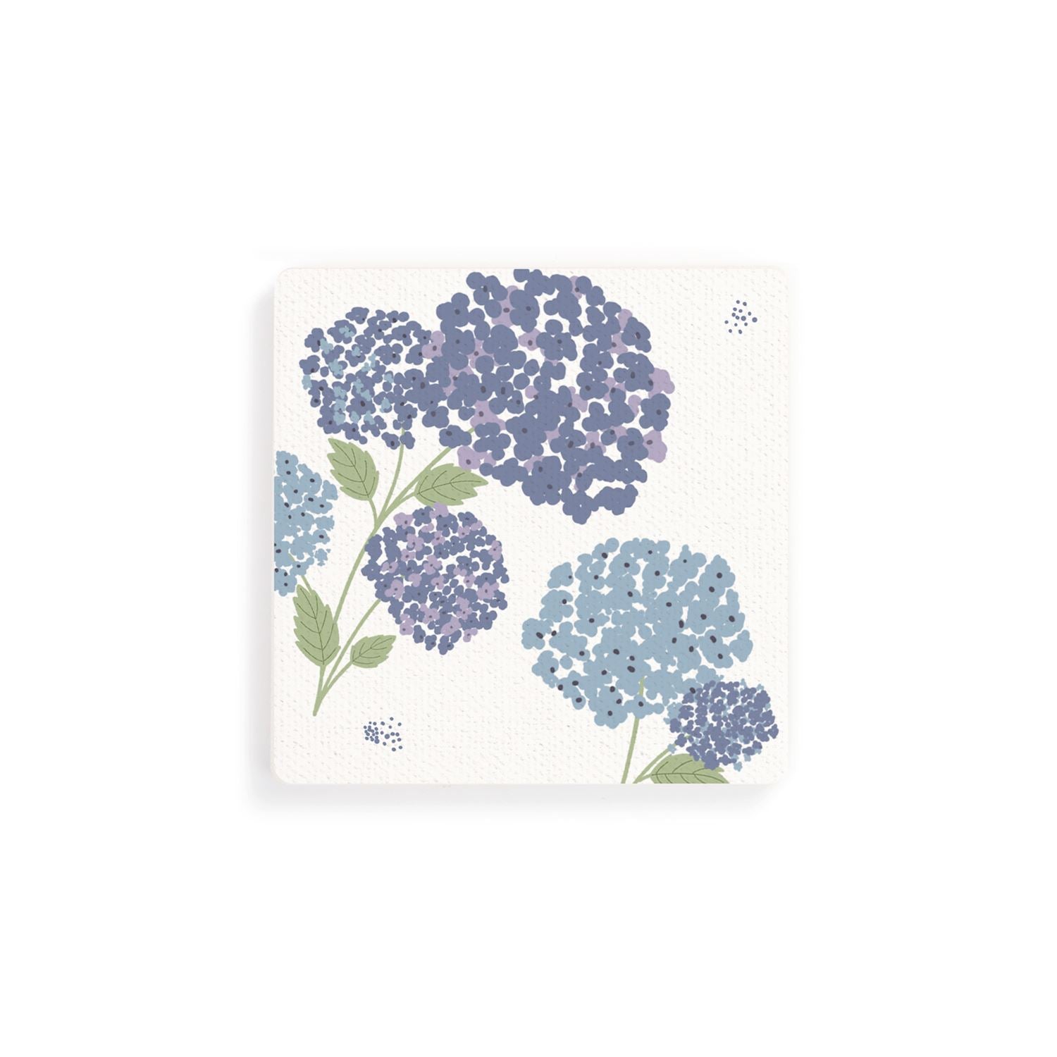 Coaster with blue and purple hydrangeas on a white background. Available at Be Charmed