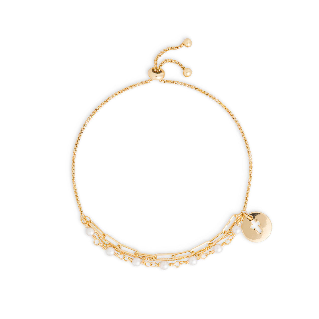 Demdaco Confirmation Bracelet: adjustable gold-tone chain with white beads and cross charm—available at Be Charmed.