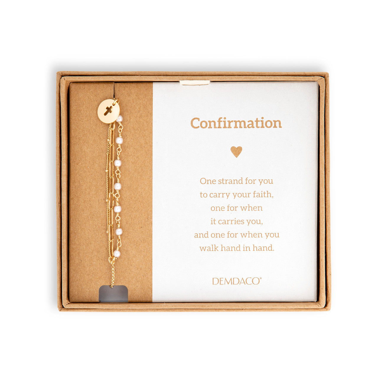 Demdaco Confirmation Bracelet In Box: adjustable gold-tone chain with white beads and cross charm—available at Be Charmed.