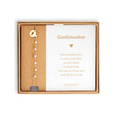 Demdaco Confirmation Bracelet In Box: adjustable gold-tone chain with white beads and cross charm—available at Be Charmed.