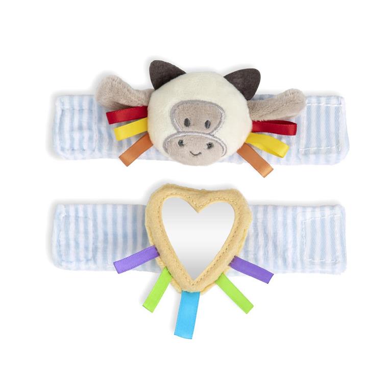 Demdaco Cow Wrist Rattle, 6″ soft polyester baby toy with bright colors, secure hook-and-loop strap for sensory play and barnyard learning—available at Be Charmed.