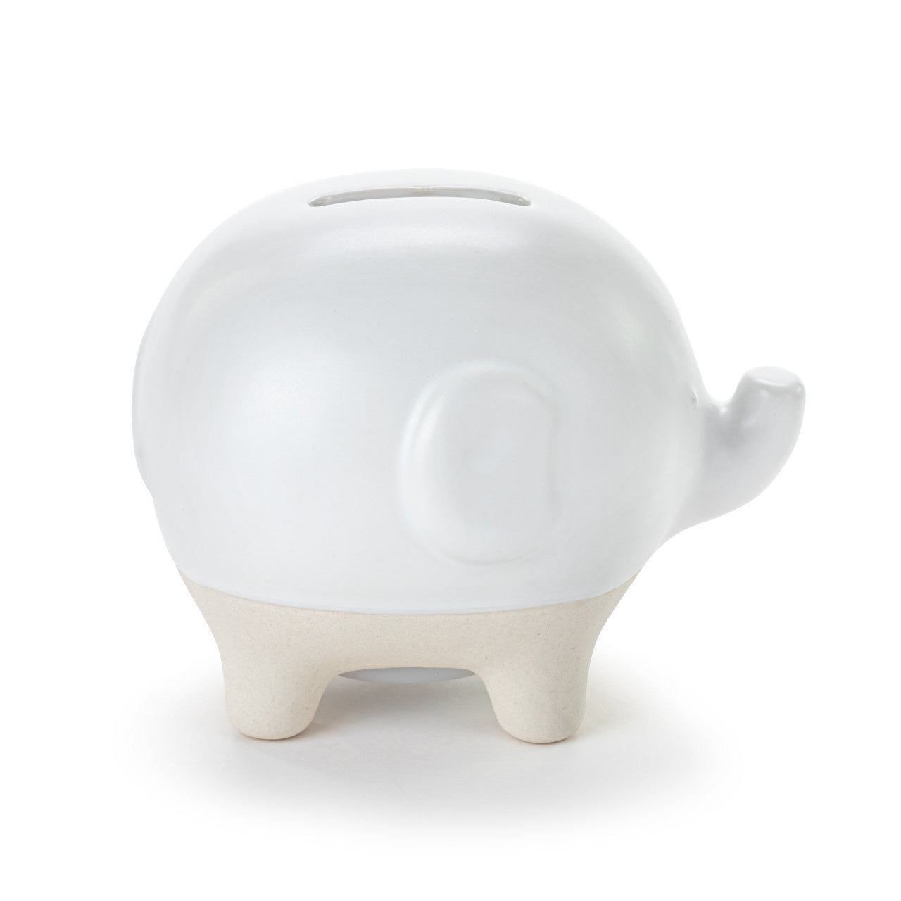 Demdaco white ceramic Elephant Bank with upturned trunk, coin slot and silicone stopper—charming nursery décor and savings tool. Available at Be Charmed.