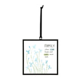 Demdaco Family Love & Chaos glass suncatcher, 3″ square with iron frame and printed sentiment “Family where love begins and chaos never ends”–Available at Be Charmed.