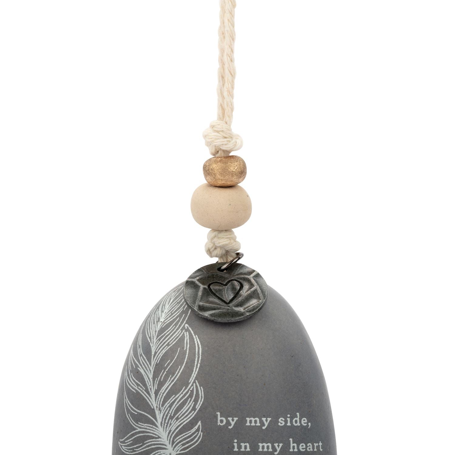 Ceramic Demdaco feather Mini Inspired Bell (~2″×2.5″) with hanging cord and wood bead—uplifting decor with inspirational message. Available at Be Charmed.