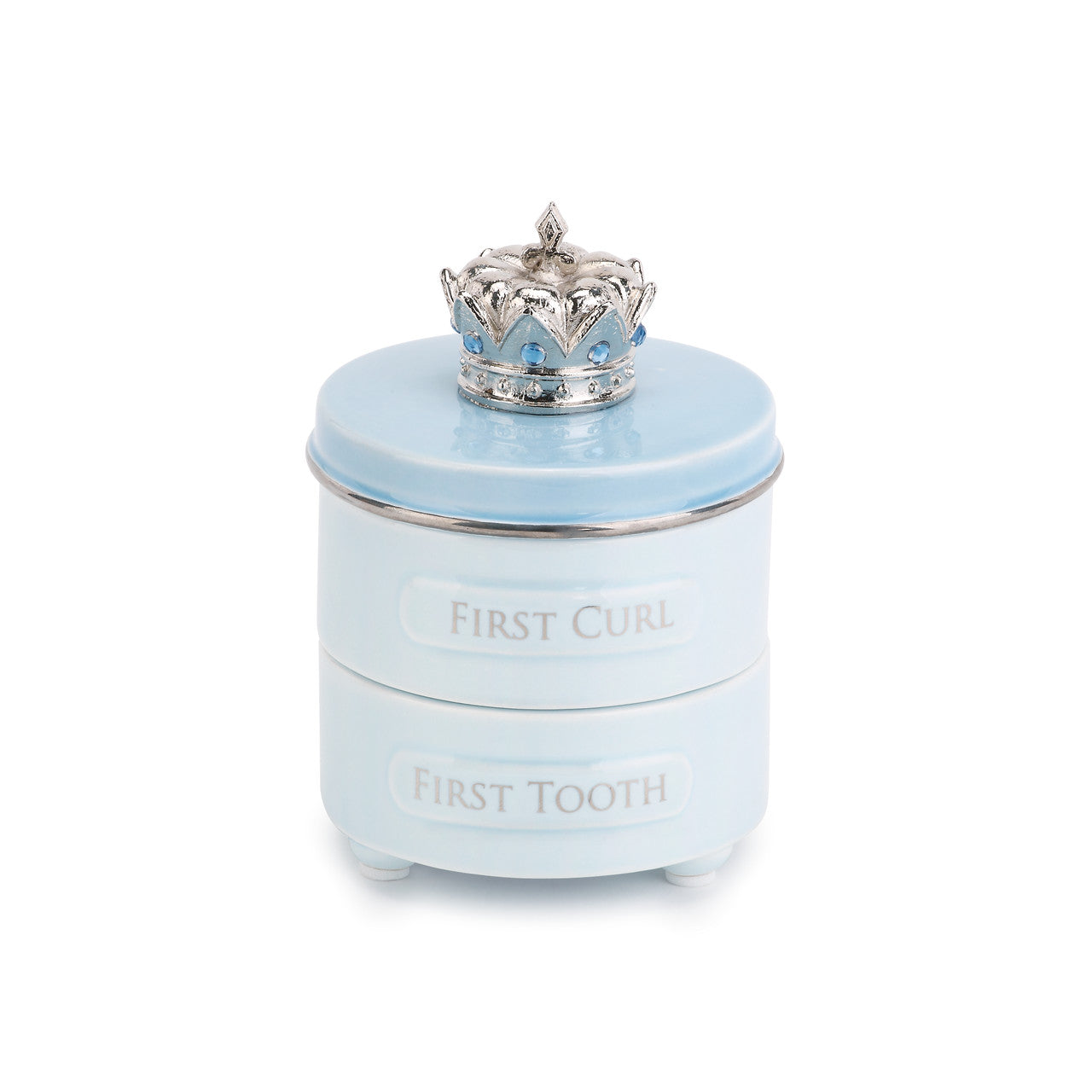 Light blue decorative jar with silver lid labeled 'First Curl' and 'First Tooth' on a white background. Available at Be Charmed
