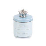 Light blue decorative jar with silver lid labeled 'First Curl' and 'First Tooth' on a white background. Available at Be Charmed