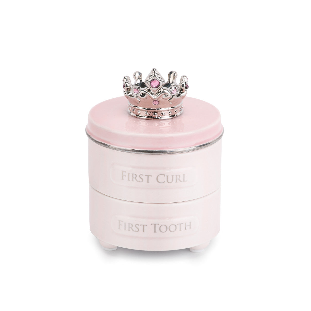 Pink container with a crown on top, labeled 'First Curl' and 'First Tooth', on a white background. Available at Be Charmed