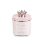 Pink container with a crown on top, labeled 'First Curl' and 'First Tooth', on a white background. Available at Be Charmed