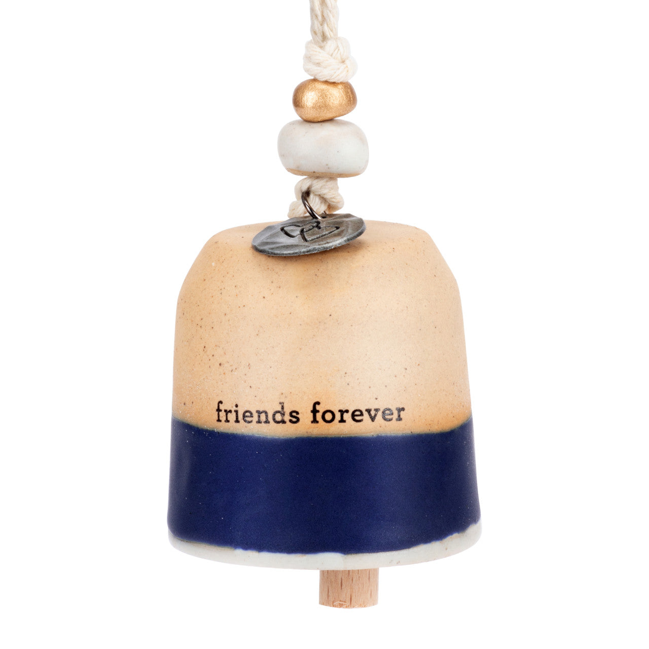 Ceramic Demdaco Friend Mini Inspired Bell (~2″×2.5″) with hanging cord and wood bead—uplifting decor with inspirational message. Available at Be Charmed.
