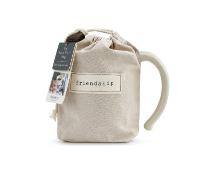 16 oz Demdaco Friendship Heart Mug in cream stoneware in fabric pouch, microwave and dishwasher safe, available at Be Charmed.