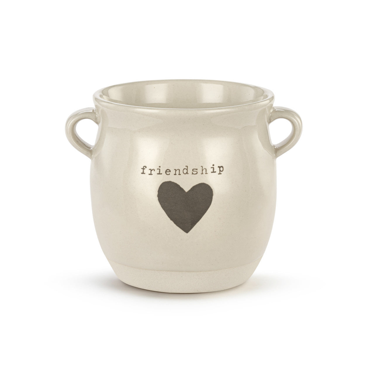 Demdaco Friendship Heart Planter, 4″ × 4″ stoneware pot with stamped “Friendship” heart and silicone drainage base—Available at Be Charmed.