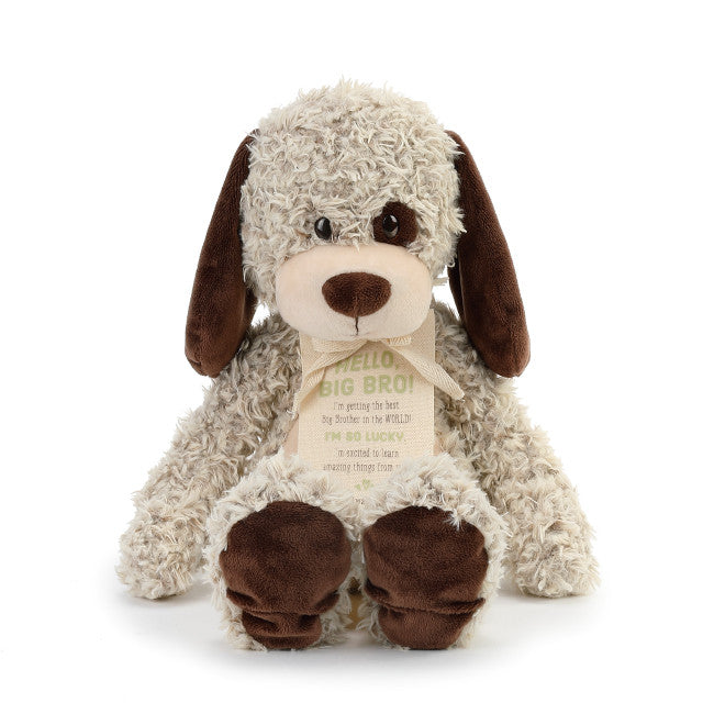 Demdaco Gift from the New Kid Big Brother plush puppy (approx. 10″), removable message tag from new baby, soft polyester—Available at Be Charmed.