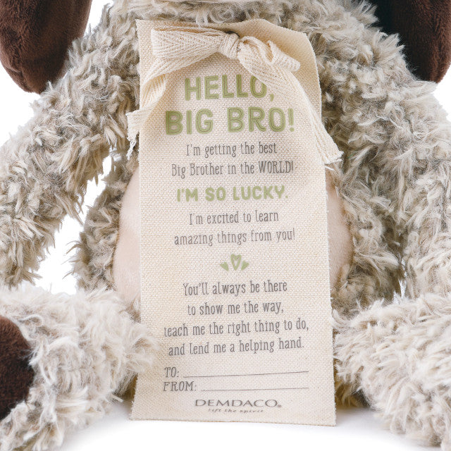 Close up of tag for Demdaco Gift from the New Kid Big Brother plush puppy (approx. 10″), removable message tag from new baby, soft polyester—Available at Be Charmed.