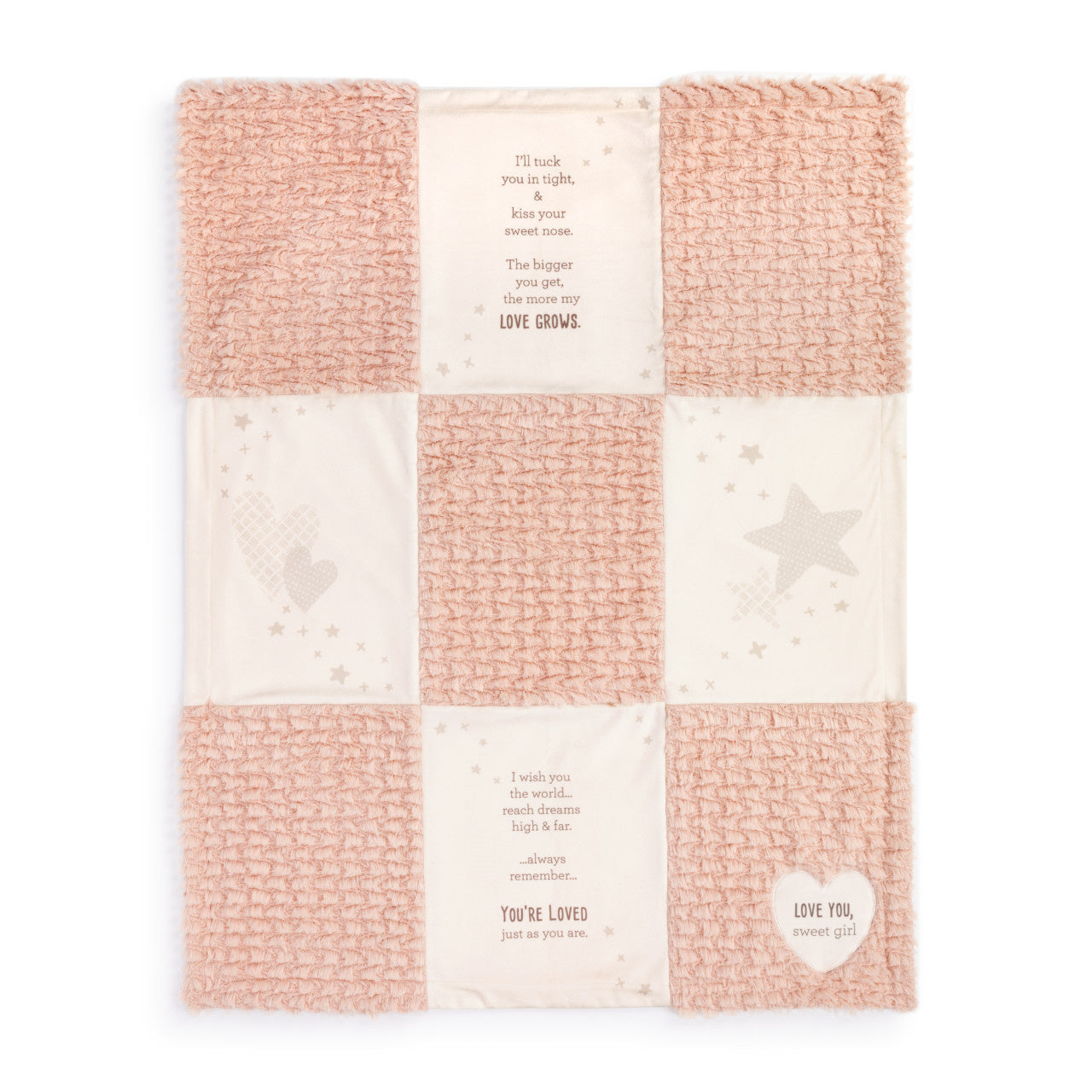 Demdaco Tuck You In Wishes plush blanket in pastel pink, embroidered “Wishes for you” sentiment—soft, comforting gift for girls. Available at Be Charmed.