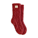 A pair of red Demdaco giving socks, made of plush fabric, displayed against a white background. Available at Be Charmed
