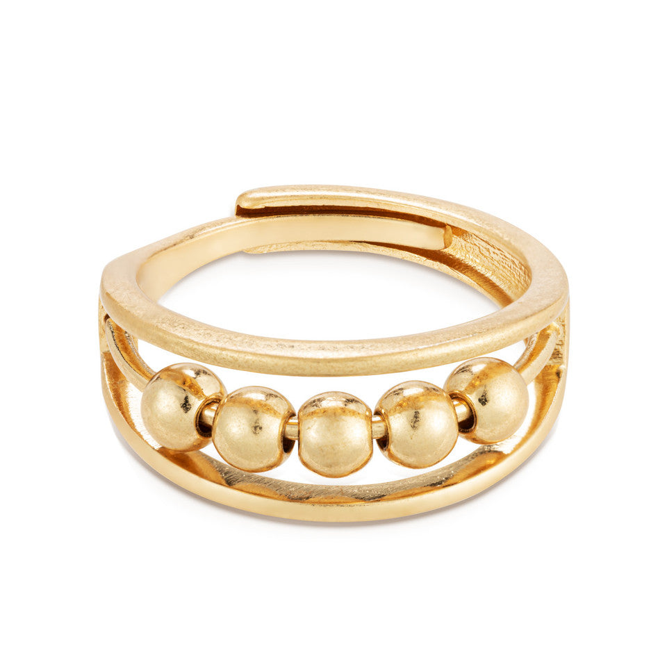 A gold colored ring with multiple small spherical embellishments around the band, designed to be adjustable by pinching at the back. Available at Be Charmed
