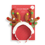 Demdaco Lit Reindeer Antlers headband displayed on card with plush polyester antlers and colorful LED lights on plastic base—Available at Be Charmed.
