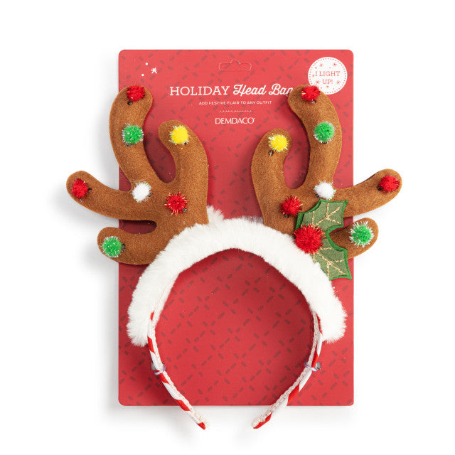 Demdaco Lit Reindeer Antlers headband displayed on card with plush polyester antlers and colorful LED lights on plastic base—Available at Be Charmed.