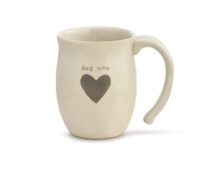 Demdaco Heart Mug – Dog Mom edition, 16 oz ceramic stoneware with heart design. Microwave & dishwasher safe. Available at Be Charmed