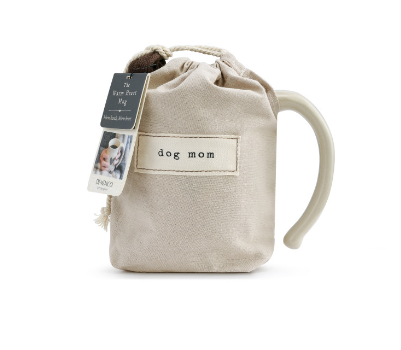 Demdaco Heart Mug – Dog Mom edition in pouch, 16 oz ceramic stoneware with heart design. Microwave & dishwasher safe. Available at Be Charmed