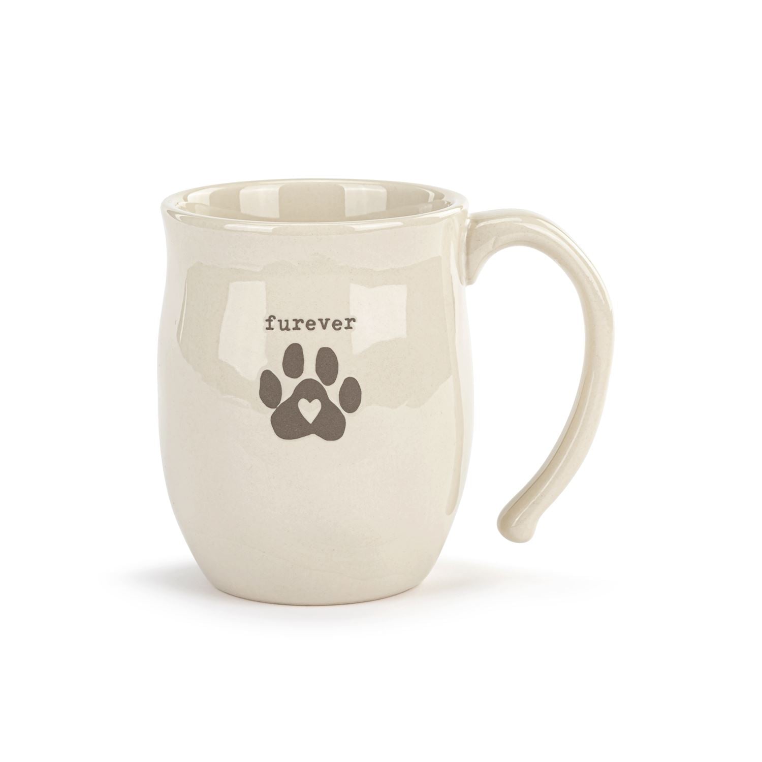 White mug with paw print and 'furever' text on a white background. Available at Be Charmed