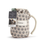 Drawstring bag with paw print pattern and 'furever' text, featuring a mug inside, on a white background. Available at Be Charmed
