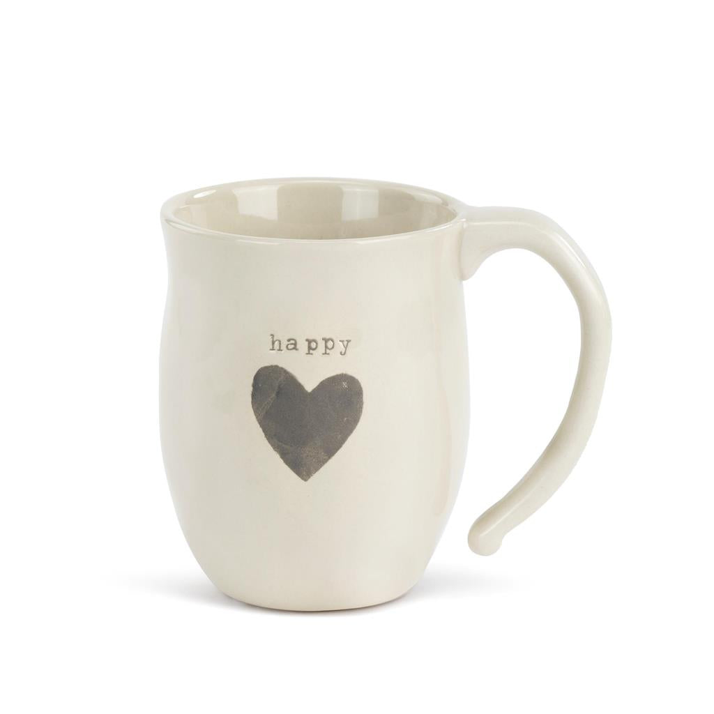  Demdaco “Happy” Heart Mug, 16 oz stoneware with heart cutout and “Happy” sentiment, cream finish—microwave & dishwasher safe—available at Be Charmed.