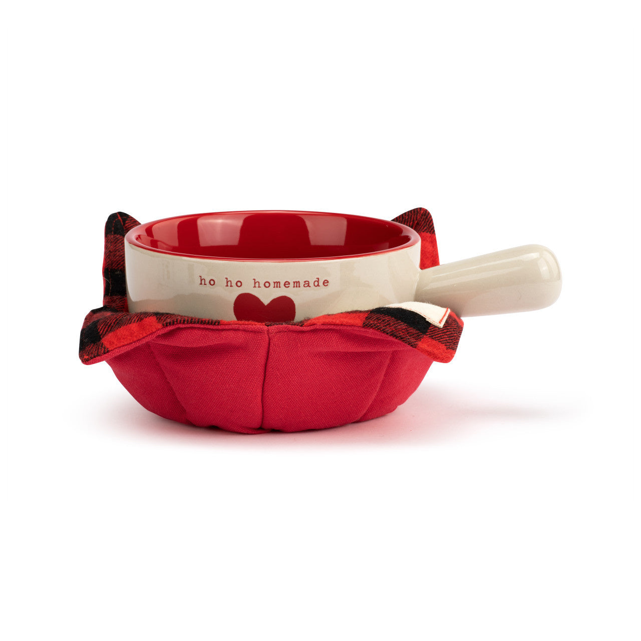 Demdaco “Ho Ho Homemade” 18 oz stoneware soup crock with 100% cotton bowl cozy in festive red & cream—Available at Be Charmed.