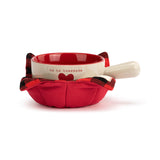 Demdaco “Ho Ho Homemade” 18 oz stoneware soup crock with 100% cotton bowl cozy in festive red & cream—Available at Be Charmed.