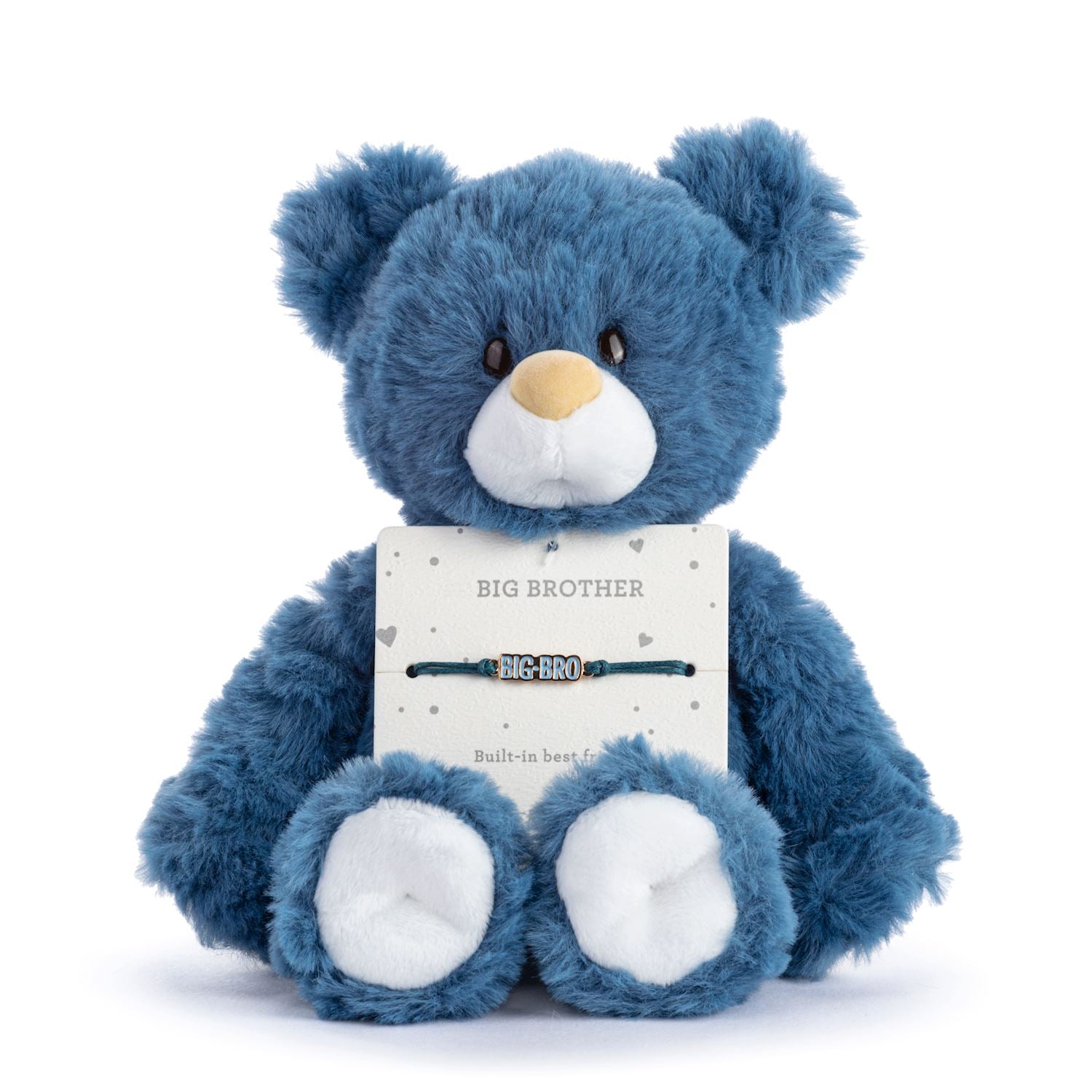 Blue teddy bear holding a 'Big Brother' card and bracelet on a white background. Available at Be Charmed