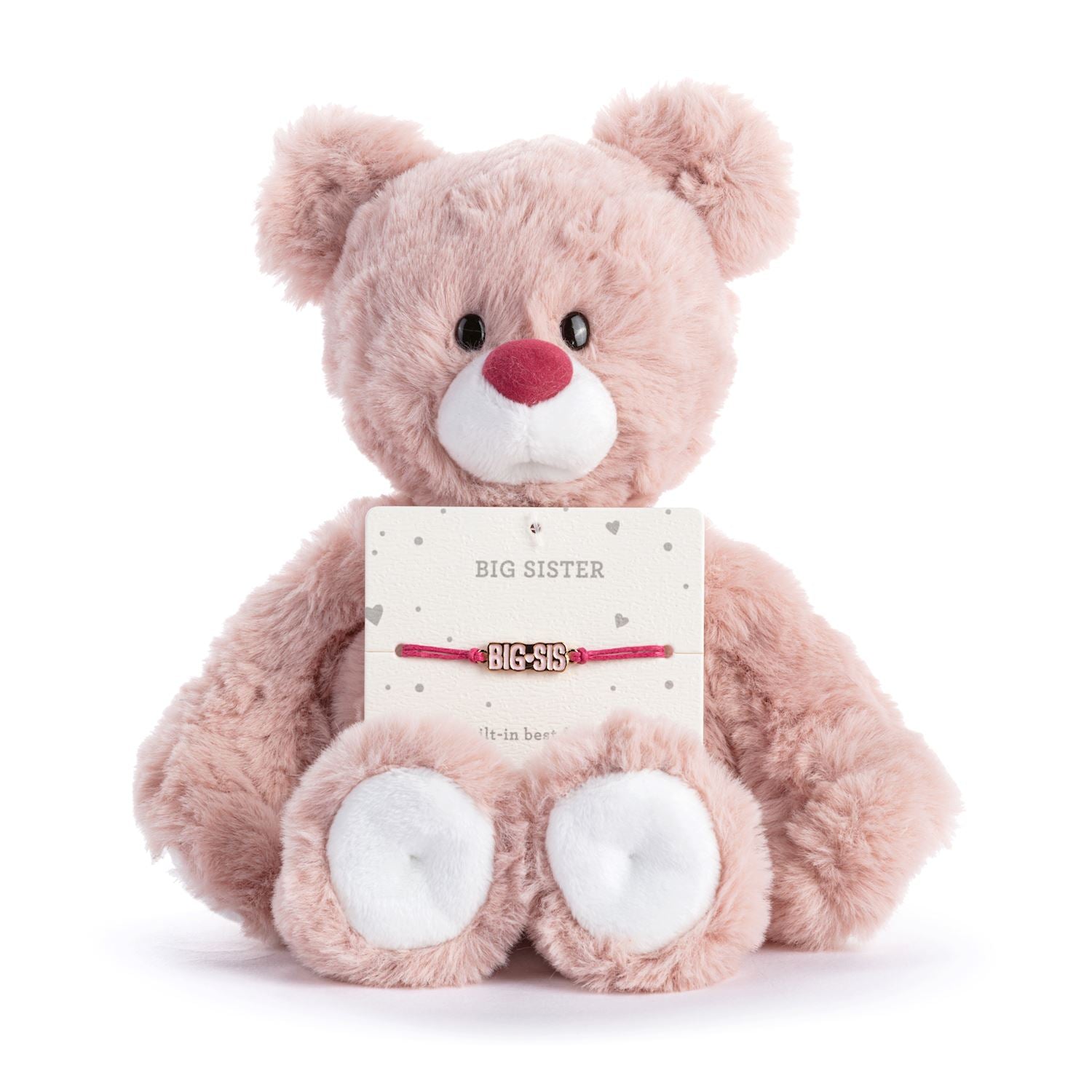 Pink teddy bear holding a 'Big Sister' bracelet on a white background. Available at Be Charmed
