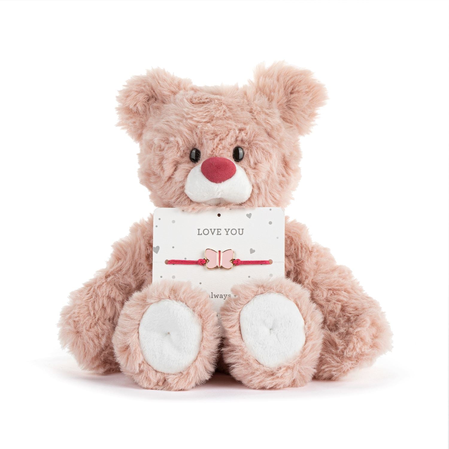 Plush teddy bear holding a 'Love You' card and bracelet on a white background. Availabl at Be Charmed