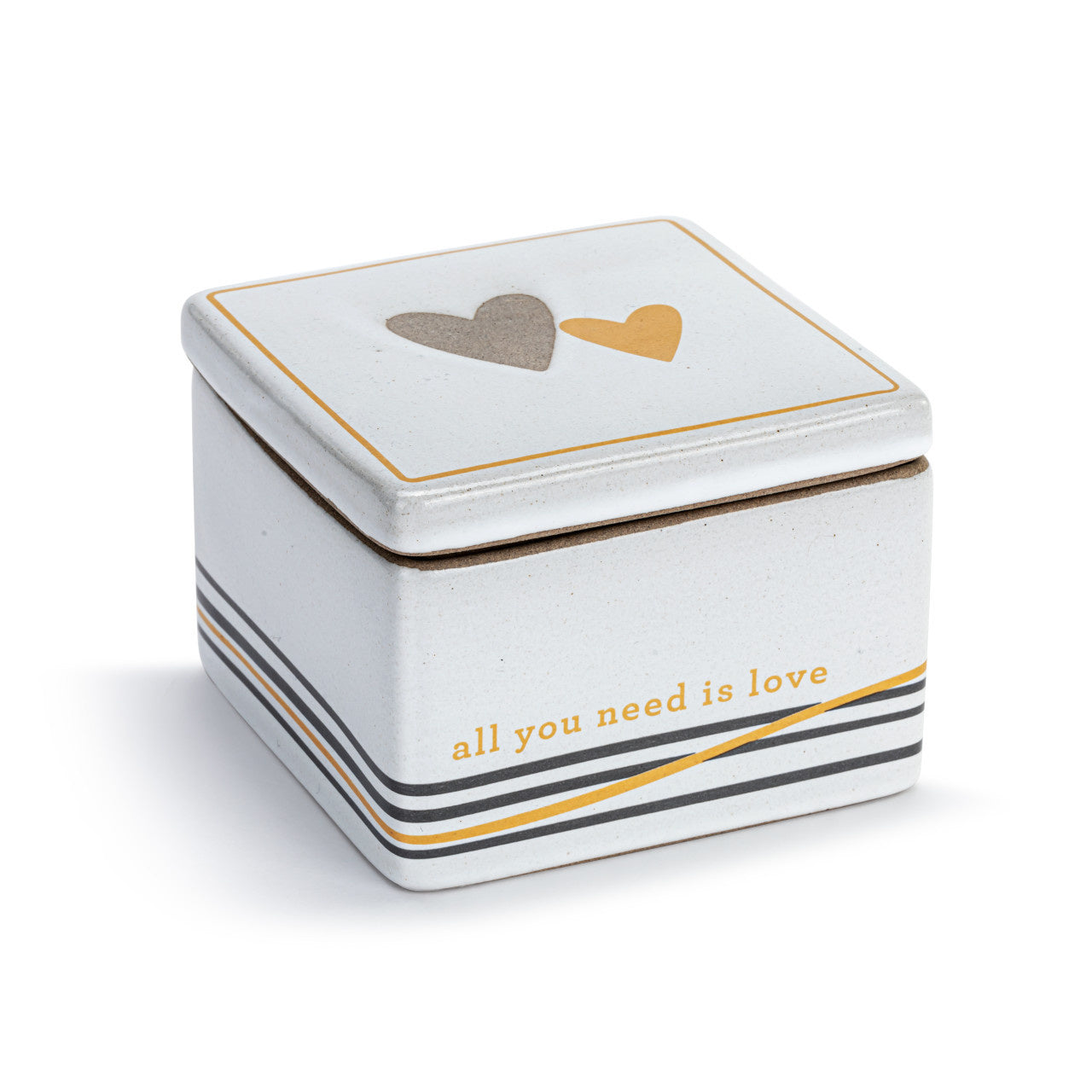 Demdaco Inspired Keepsake Box – Love, 4″ square × 3″ tall white stoneware box with gold heart accent and “All you need is love” sentiment, Available at Be Charmed.