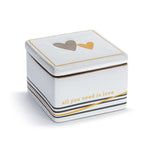 Demdaco Inspired Keepsake Box – Love, 4″ square × 3″ tall white stoneware box with gold heart accent and “All you need is love” sentiment, Available at Be Charmed.