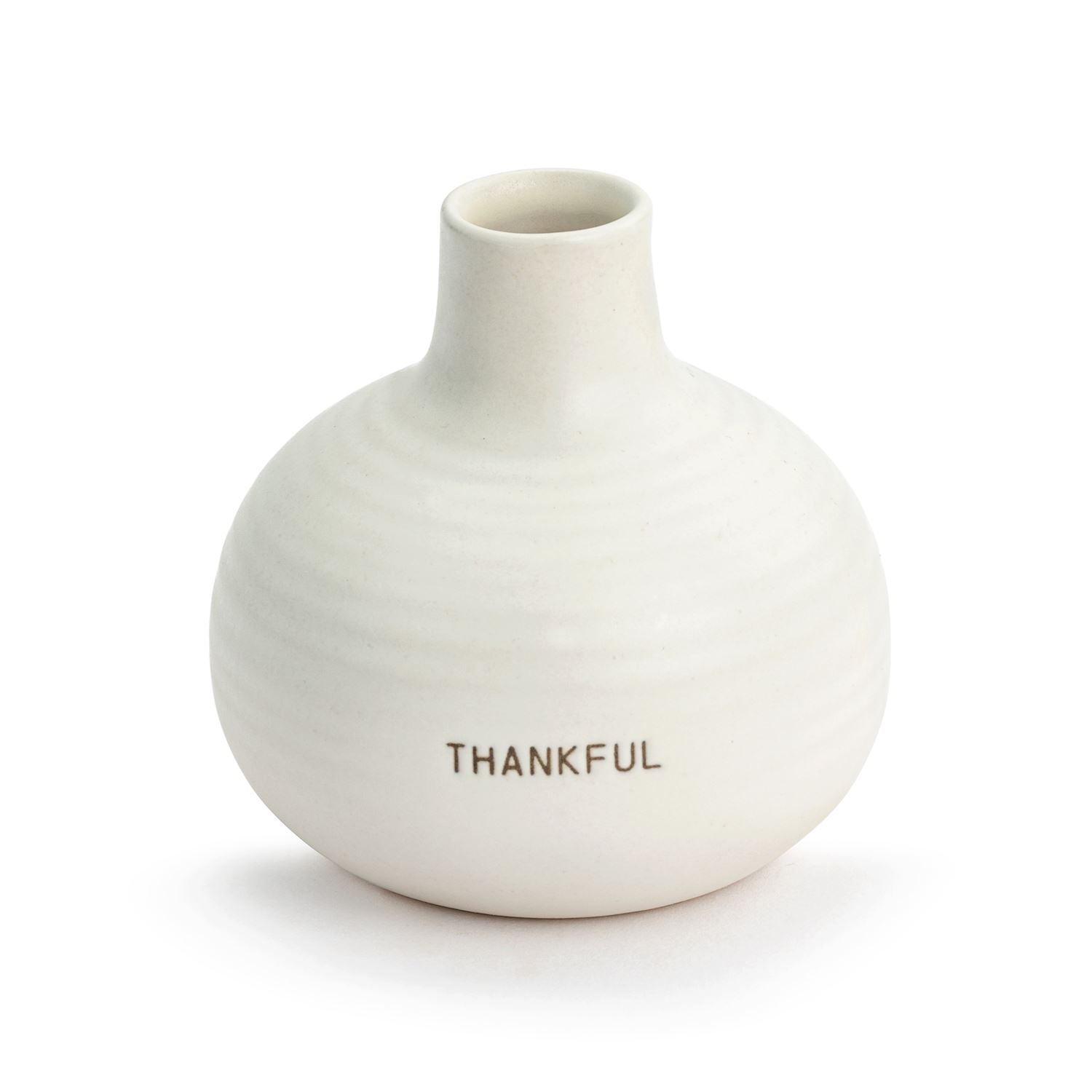 Hand‑sculpted Demdaco Thankful Just Because stoneware vase, 3″×3″ with raised “Thankful” sentiment—available at Be Charmed.