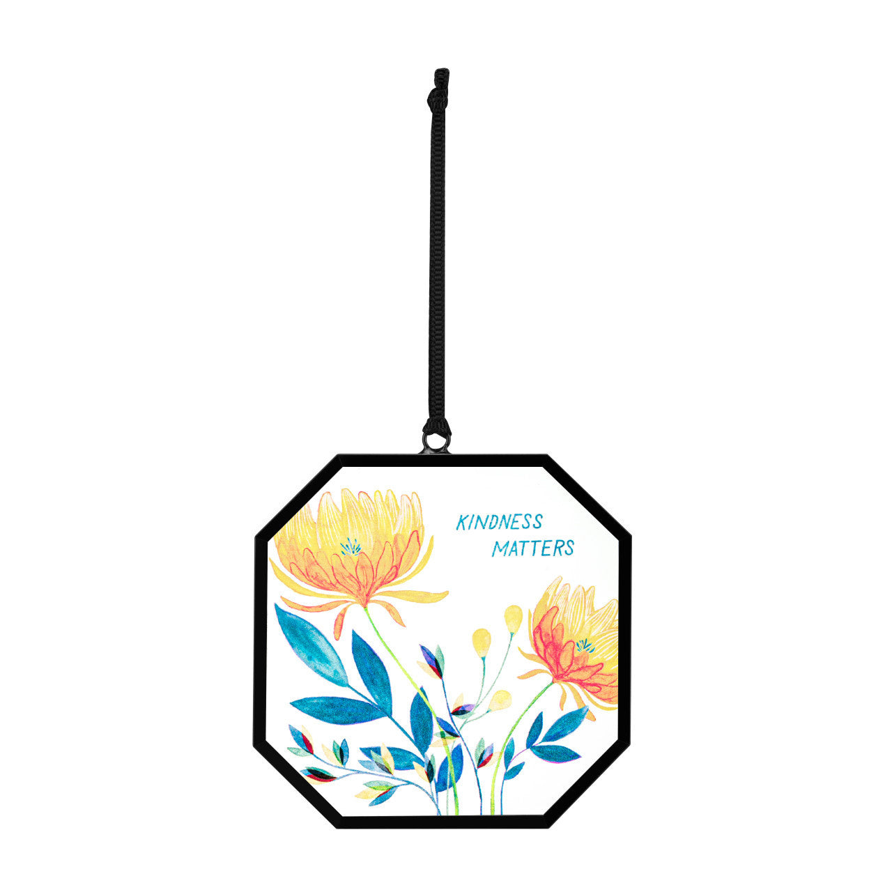 Demdaco Kindness Matters suncatcher, 3″ octagonal glass with iron frame and uplifting “kindness matters” message—indoor window display. Available at Be Charmed.